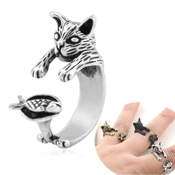 1Piece реколта посребрени малка котка с риба Anel Masculino пръстен мъже Boho кокалче домашни любимци пръстени за жени Anillos Bijoux подаръци