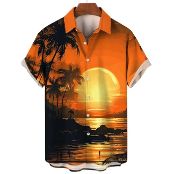 2023 Мъжки ризи Тропически кокосово дърво печат Ежедневен изходящ суитчър Harajuku Ежедневно облекло Летни ризи за мъже Мъжки топ