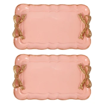 2X Европейски стил лък торта тави за съхранение грим организатор десерт плоча квадратен декор тава кухненски тави 12X20cm розов