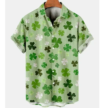 3D отпечатани лъки тревни ризи за мъжки дрехи Растителна детелина графични блузи Хавайски улично облекло Мъжка блуза Casual Boy Button Top
