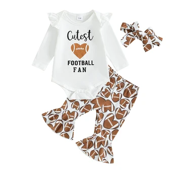3PCS Новородено бебе момиче дрехи футбол екипировка най-сладкото футболно гащеризон боди Bell Bottoms Flare панталони Бебешки дрехи