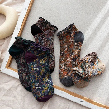 5 чифта ретро къдри памук жени дамски чорапи личност harajuku изкуство разрошени ръб чорап пролет лято къси памучни чорапи