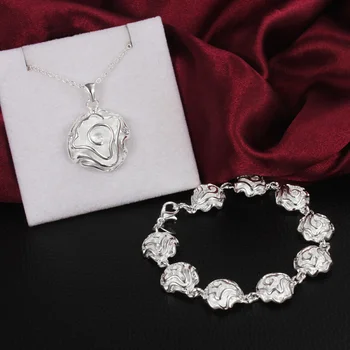 925 Сребърни бижута комплект гривни колиета за жени фина роза цвете мода сватбено парти Коледа безплатна доставка
