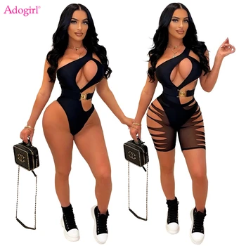 Adogirl жени секси две парче комплект с метална катарама колан едно рамо без ръкави боди кухи мрежести шорти плаж clubwear