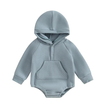 Baby Boy Girl Fall Winter Outfit Warm Hoodie Fleece Bubble Romper Sweatshirt Solid Long Sleeve Bodysuit 0-18M