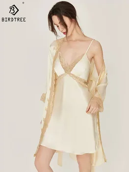 Birdtree 100% реална копринена рокля за спане на халат Секси елегантна дамска мода нощни халат комплекти дантела спално облекло 2024 пролет S3D945QM