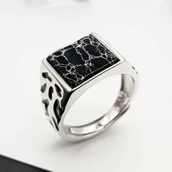 BOCAI Нови 100% s990 сребърни бижута 2021 тенденция мода инкрустиран черен тюркоаз ретро регулируем мъжки пръстен