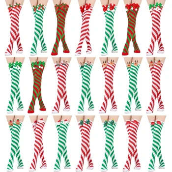 Bow Stripe Чорапи Коледа Бедрото Високи чорапи Cosplay Long Tube Чорапи M6CD