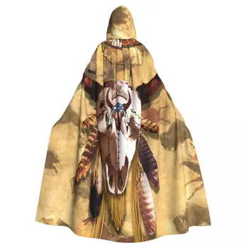 Buffalo Soldier Skull Hooded Cloak Halloween Party Cosplay Woman Men Adult Long Witchcraft Robe Hood