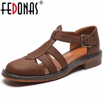 FEDONAS 2023 Пролет лято ретро стил жени гладиатор помпи сандали работни случайни кухи естествена кожа ниски токчета обувки жена