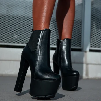 FHANCHU 2023 Дамски платформи къси ботуши,квадратни високи токчета дамски обувки, секси зимни обувки,глезен Botas, 16cm,черен,Dropship