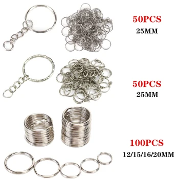 Hot 50pcs/100pcs сплит пръстен с къса верига ключодържатели ключодържатели жени мъже полиран сребърен цвят DIY ключодържател 25mm