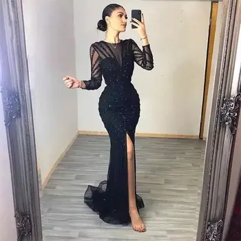Jancember Луксозна черна русалка дълъг ръкав арабска вечерна рокля за жени парти фронт Сплит Дубай дипломирането Абитуриентска рокля Sz113
