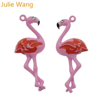 Julie Wang 3PCS сплав розов емайл фламинго птица с кристал сексапил за колие висулка обеци бижута вземане аксесоар