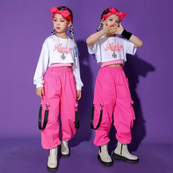 Kid Kpop хип-хоп облекло бял суитчър изрязване отгоре дълъг ръкав розов танк streetwear тактически товарни панталони за момиче танцов костюм