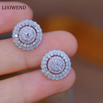 LUOWEND 18K Обеци от бяло злато Луксозен винтидж стил 1.0carat истински естествен диамант Stud обеци за жени високи сватбени бижута