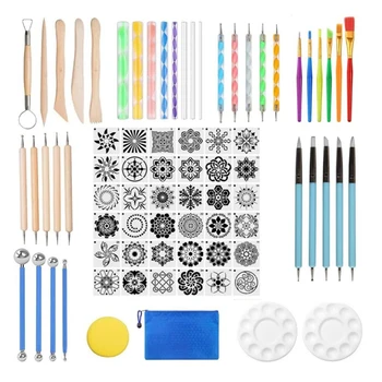 Mandala точкови инструменти, 78Pcs Мандали Комплекти за рисуване на шаблони Инструменти за пунктиране на писалки Четки Мандала шаблон топка боя тава