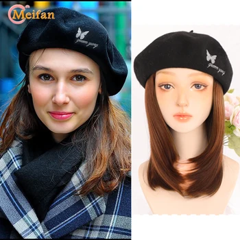 MEIFAN синтетична коса къса барета шапка перуки за жени с черна барета естествено свържете фалшиви прически парти шапка перука разширение