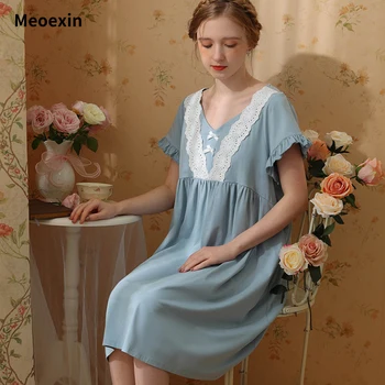 Meoexin принцеса сладък нощно облекло твърд памук пролет/лято тънък къс ръкав голям размер хлабав студент сладък нощно облекло на едро