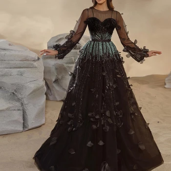 Muloong Black O Neck Maxi рокля Дължина на пода Beaded A Line Saudi Aribia Women vestidos de fiesta 2023