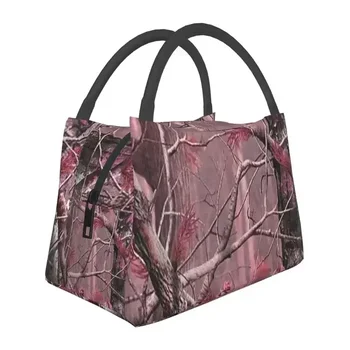Pink Hunting Camo Camouflage Pattern Insulated Lunch Tote Bag for Women Leaves Woods Season Resuable Cooler Thermal Bento Box