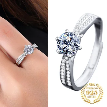 Real 1 Ct Moissanite сватбен пръстен за жени 925 стерлинги сребърни бижута кръг брилянтен диамант пасианс годежни пръстени подарък