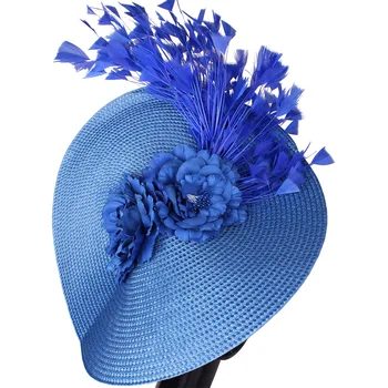 Royal Blue Big Fascinator Fedora Hats Derby Tea Feather Bride Wedding Headwear Разкошен шлем с аксесоари за коса с цветя