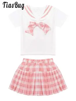 Summer Toddle Baby Girls Cute Bow Cartoon Clothing Sets Kids Girls Fashion Short Sleeve Top with Elastic Plaid Pleated Skirt Set