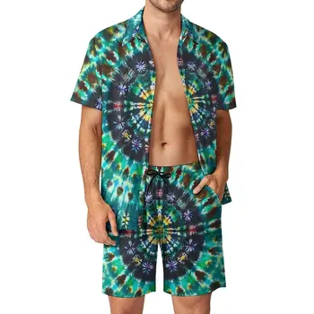Tie Dye Men Sets Retro 60's Hippie Casual Shirt Set Retro Fitness Outdoor Shorts Summer Graphic Suit Дрехи от две части Голям размер