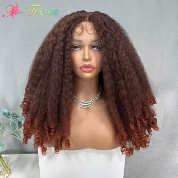 X-TRESS синтетична кафява дантела предна перука средна част перуки афро къдрава коса за жени ежедневна употреба топлоустойчив среден размер 20 инча