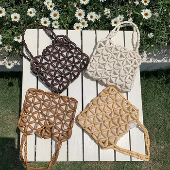 XIYU Hollow Out дървени мъниста чанта с вътрешна ръчно изработени ретро ваканция плаж модни малки пазарски чанти за жени универсален портфейл