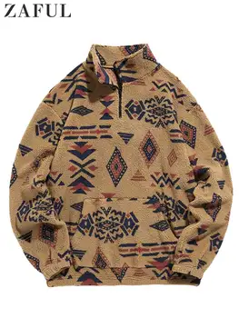 ZAFUL Качулка за мъже Размита изкуствена шерпа цип суитчъри етнически печат пухкави улично облекло пуловер есен зима поло качулки