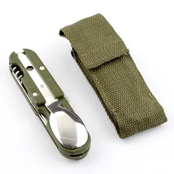 Армия зелено сгъване преносим неръждаема стомана къмпинг пикник прибори за хранене нож вилица лъжица бутилка отварачка прибори прибори за хранене комплект за пътуване