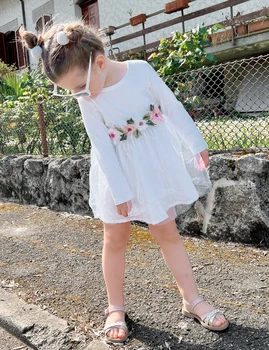 бебе момичета 3D рокля на цветя кръщение сватбено парти за рожден ден Tutu рокля дълъг ръкав тюл рокли с лента за глава размер 6M-3T