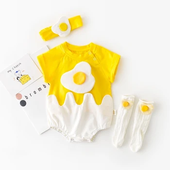 Бебешки дрехи карикатура яйце триъгълник Onesie комплект памук O-образно деколте бебе първи рожден ден подарък + лента за глава + чорапи