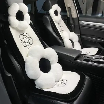 Бял плюшени кола талия възглавница бродирани камелия цвете кола облегалка за глава врата защита възглавница предната задна седалка възглавница кола възглавница
