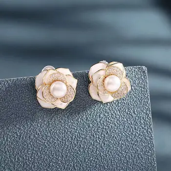 Дамска обица Обеци от цветя Камелия с перлен искрящ кристал дамско лято 2023 нови обеци