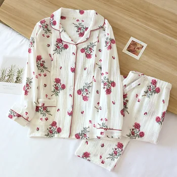 Дамски памук майчинство сестрински пижама комплект дълъг ръкав Топ панталони спално облекло светлина удобни цвете печат шезлонги 2 парче