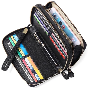 Дамски портфейл горен слой телешка двойна цип чанта кожен портфейл