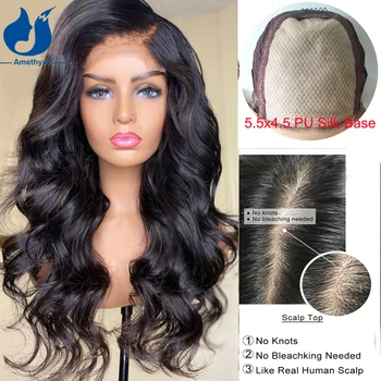 естествена вълна бразилска човешка коса 5.5X4.5 PU копринена база затваряне перуки за жени прозрачна дантела предварително оскубана бебешка коса хлабав вълнообразен