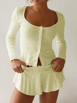 жени Y2K пижами комплект дълъг ръкав бутон надолу отгоре волан шорти комплекти 2 парче фоайе екипировки