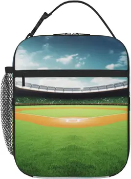Зелено бейзболно игрище изолирана чанта за обяд за многократна употреба Непропусклива термична охладителна чанта със странични джобове за пикник за пътуване в офиса