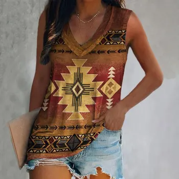Индийски ретро тениска летни жени тениски без ръкави v-образно деколте върховете ацтеките етнически печатни жените тениска