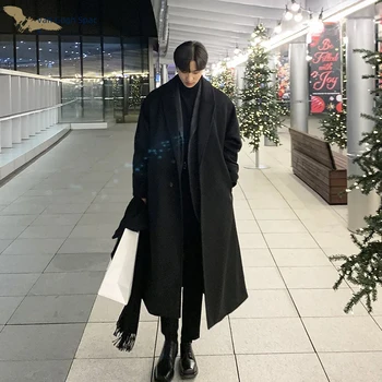 Корейска мода мъжки хлабав случайни еднореден палто есен зима мода нов дълъг ръкав дълго палто