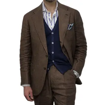 Ленен мъжки костюм 2-парче тънък годни еднореден кафяв кафе нетактичност комплекти джентълмен яке с панталони мъжки дрехи голям размер