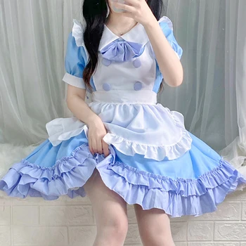 Лолита рокля косплей аниме костюм обличане нагоре Лолита меко момиче японски сладък и сладък синьо и бяло прислужница облекло