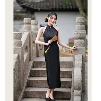Лято секси без ръкави жакард сатен дълъг стил Qipao мода реколта жени момичета Cheongsam рокля