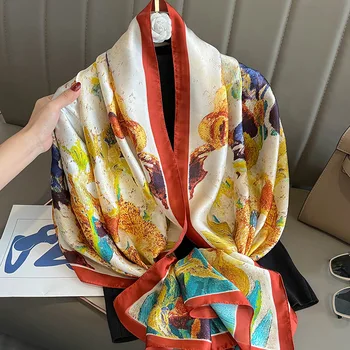 Мода луксозен копринен шал жени марка Ван Гог маслена живопис флорални шалове дама обвивка врата снуд foulards Пашмина открадна 180 * 90Cm