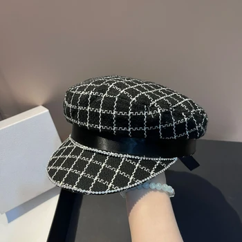 Мода малък ароматен вятър кристал проверка флот шапка корейски версия на светлина луксозен лък лък капачка открит случайни шапка жена