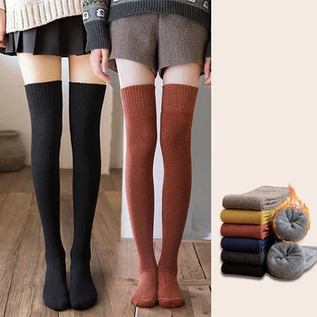 Мода сгъсти бедрото високи чорапи жени твърди дълги чорапи топла вълна високо коляното чорапи Femme крак ботуши